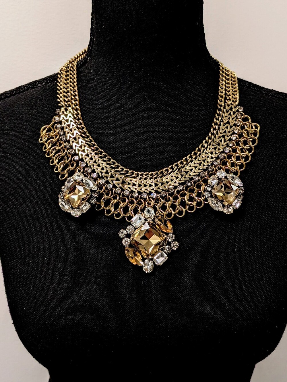 Austrian Crystal Gold Tone Chunky Bib Statement Necklace Champagne
